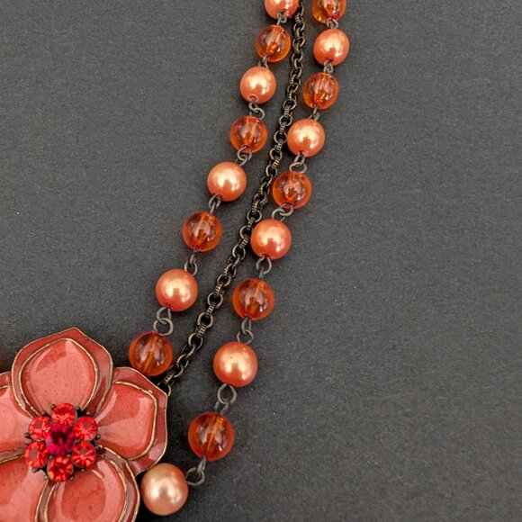 3 strand vintage orange enamel flower necklace with orange and peach beads - Picture 7 of 12